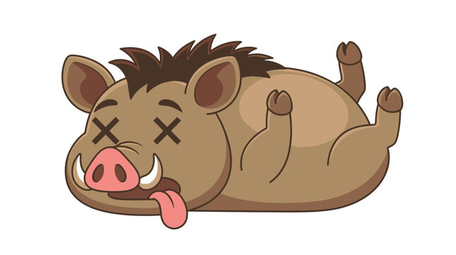 Cartoon illustration of a fainted wild boar lying on its back with X eyes and tongue out, brown forest animal character in a comical unconscious pose on white background