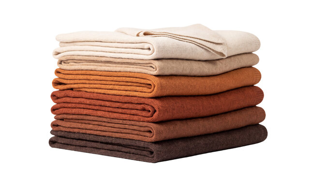 Folded wool blankets in autumn colors, stack of warm textile throws on white background, cozy home decor linens in earth tones