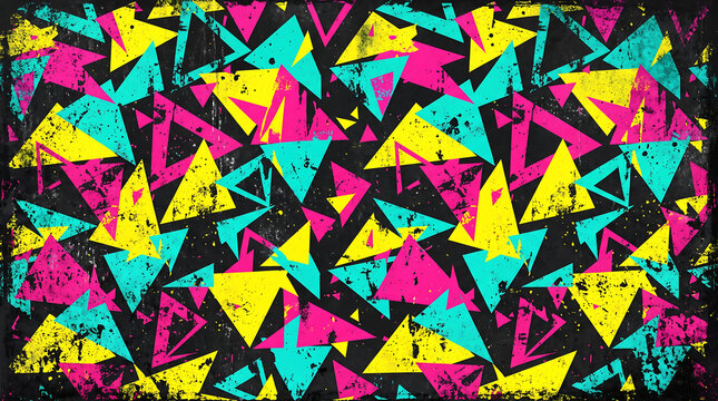 Vibrant geometric triangles featuring neon colors with distressed grunge texture overlays
