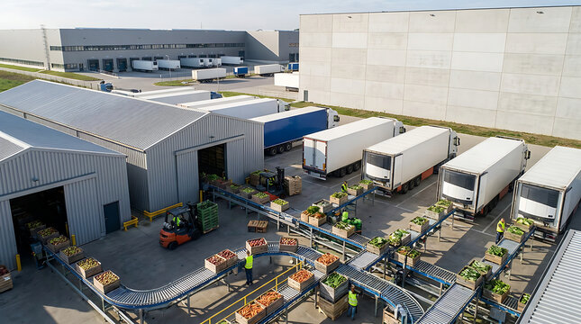 Aerial view of a busy distribution center with trucks loading cargo and automated conveyor belts transporting boxes in a modern warehouse
