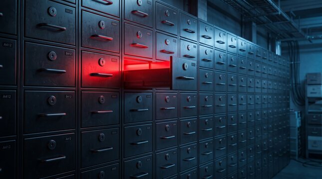 Rows of dark metal safety deposit boxes in a dimly lit vault with one open drawer glowing in red light deposit box storage locker dark room private storage bank vault security