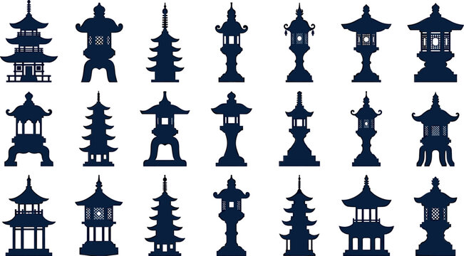Traditional Asian stone lanterns and pagoda towers black silhouette icon collection representing oriental garden architecture and culture vector