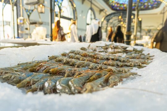 Fresh raw prawns shrimp displayed on ice at Doha fish market Mina District Qatar traditional market interior blurred people background seafood commerce Middle East culinary daily life