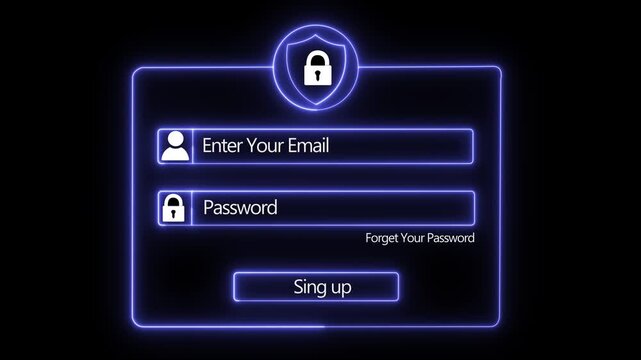 Digital cyber security login interface featuring neon blue glowing shield and user authentication fields for secure website access, account registration, and data protection concepts on black