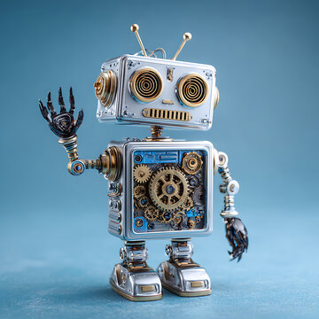 Vintage style mechanical robot waving hello with exposed internal gold gears for creative design and technology projects.