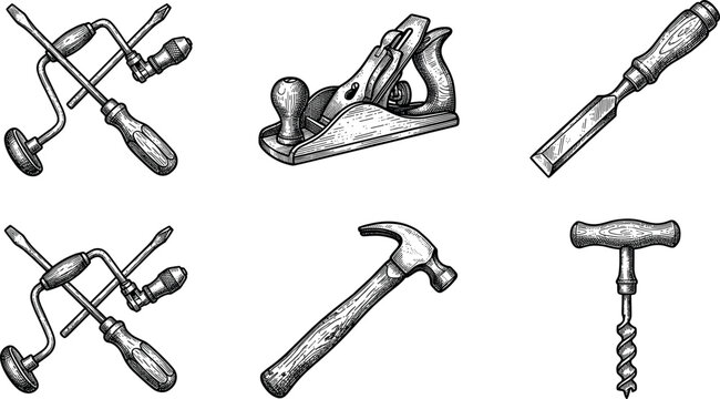 Vintage carpentry hand tools engraving collection featuring wood planer hammer chisel hand drill brace and auger vector illustrations