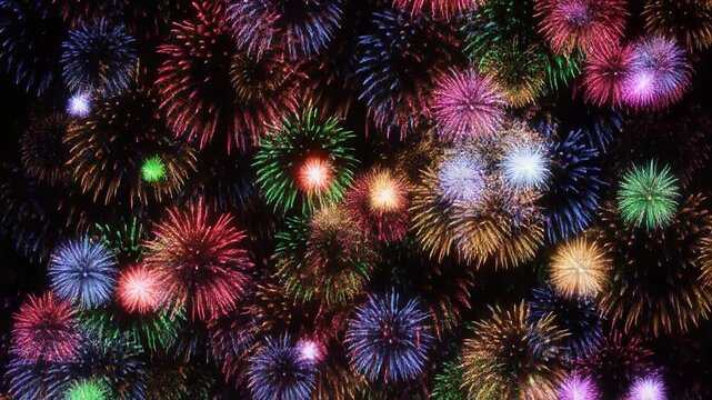 Vibrant and colorful fireworks display exploding in the dark night sky during festive celebration