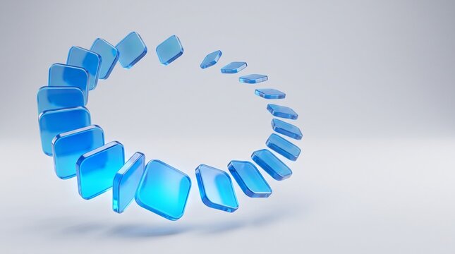 Abstract 3D rendering of glowing blue glass tiles arranged in a circular loading animation loop on white