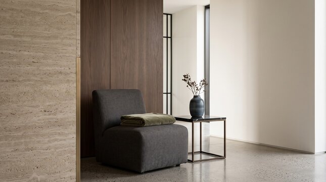 Modern minimalist living room interior featuring a grey fabric armchair with a green blanket, beside a black side table with a blue vase, against wood and stone wall panels.