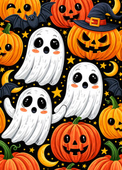 Obraz premium Playful hand-painted ghosts and pumpkins under the batmoon in a whimsical celebration Generative AI