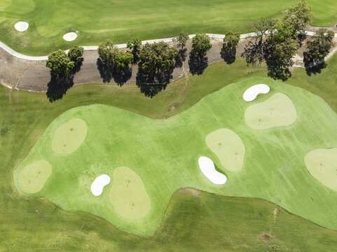 Driving range with greens and bunkers at the San Roque Club Golf Resort. Aerial view. Drone shot. C&aacute;diz province, Andalusia, Spain
