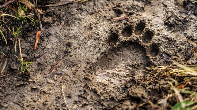 gait. Animal footprints in muddy ground after rainfall with wet soil and morning light. wildlife magazines, conservation campaigns, designed for eco-tourism storytelling, used by teachers.