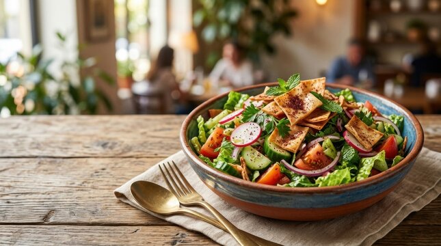 Fresh tabouleh salad in a rustic bowl topped with crispy pita bread pieces and fresh mint.