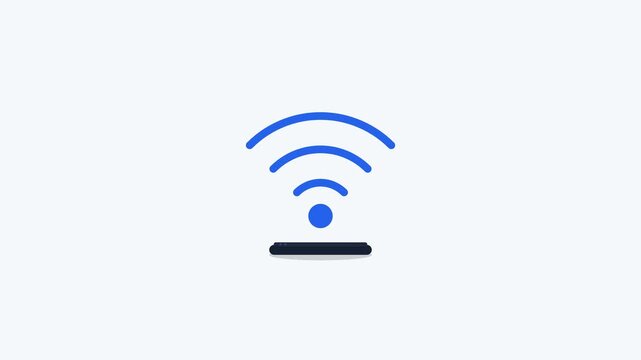 Modern minimalist WiFi signal strength animation showing wireless connectivity increasing from low to maximum level with progressive signal waves and router transmission, seamless 8 second loop.