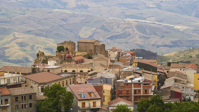 Cesaro, village on hill, fields, Nebrodi National Park, Sicily, Italy