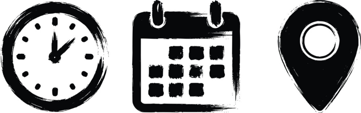 Set of hand drawn brush stroke icons including a clock, a calendar and a location map pin