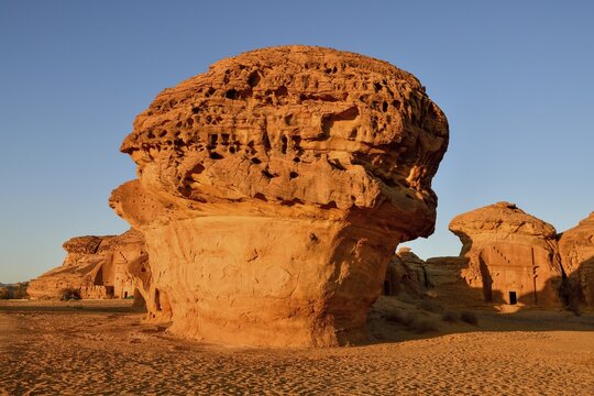 Mushroom Rock and Nabataean Tombs at Djabal Khraymat in First Daylight, Hegra or Madain Salih, AlUla Region, Medina Province, Saudi Arabia, Arabian Peninsula