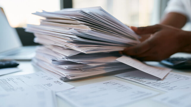 Busy professional organizing a mountain of documents during a workday in a modern office space Generative AI