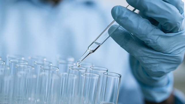 Droplet of clear liquid skillfully added to test tubes in a laboratory setting Generative AI