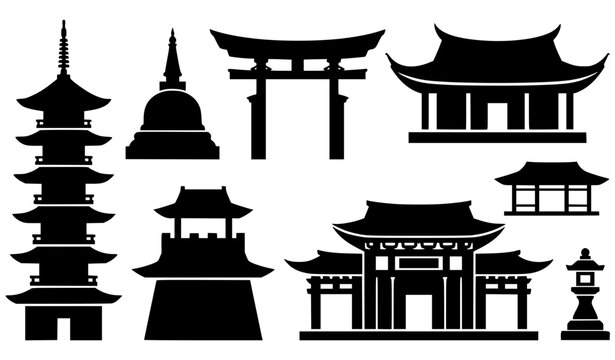 SEO Title:
Traditional Asian Temple Pagoda Shrine and Buddhist Landmark Silhouette Vector Collection