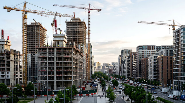 Urban construction site with cranes building modern residential architecture in city