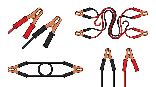 Colorful automotive jumper cables for emergency battery charging depicted in clean flat vector style art icons