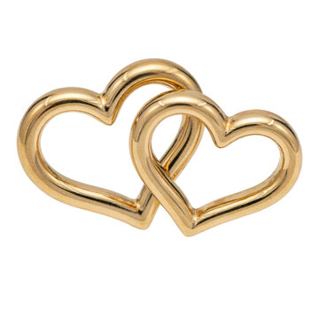 Two interlocking golden heart shaped frames with a polished metallic surface texture isolated on a transparent background
