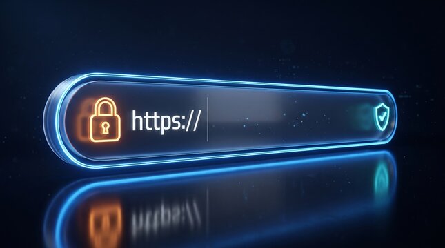 Secure website address bar showing https protocol with a glowing padlock and security checkmark secure connection url bar internet security data protection padlock icon