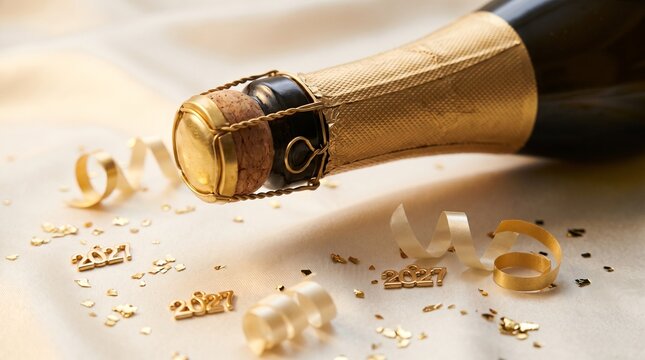 Champagne bottle with gold foil and cork, festive New Year 2024 celebration with confetti, luxury sparkling wine for holiday party