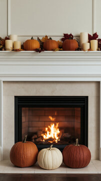Cozy autumn setting with pumpkins by a warm fireplace glowing brightly in a inviting room Generative AI