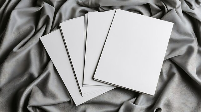 Stack of blank paper sheets on shiny grey fabric background