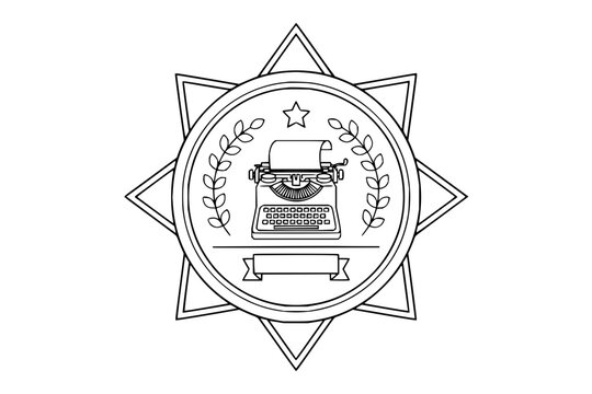 Vintage Typewriter Emblem with Laurel Wreaths and Star in Circular Seal Line Art Vector