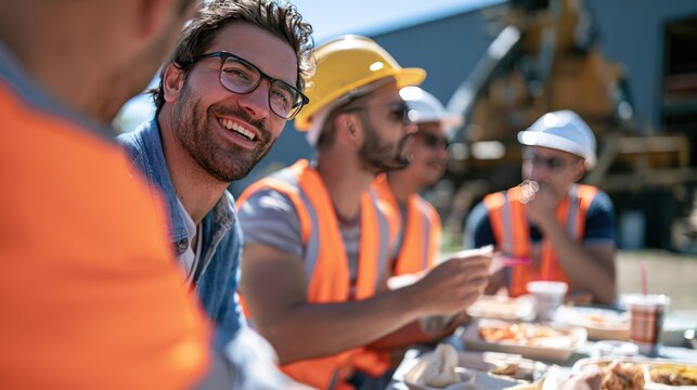 Construction workers enjoying a lunch break outdoors on a sunny day. They are smiling and interacting, with safety helmets visible, suggesting camaraderie and a moment of rest from their labor