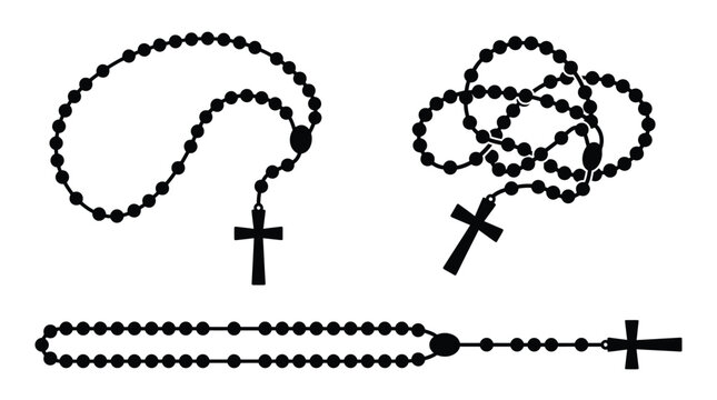 Detailed black vector illustration set featuring Catholic rosary beads with crucifixes in various organized shapes