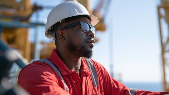 An oil rig worker wearing a hard hat and safety glasses, dressed in a red jumpsuit, looks off into the distance under a bright sky. The worker appears focused and experienced.