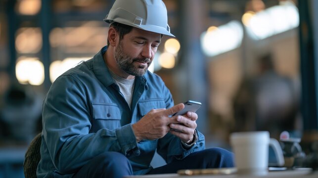 A construction worker wearing a hard hat sits at a table, looking down at his smartphone with a serious expression. A white coffee mug sits on the table next to him.