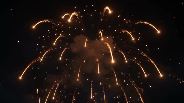 Spectacular golden and purple fireworks exploding in the dark night sky for celebration - AI generated video