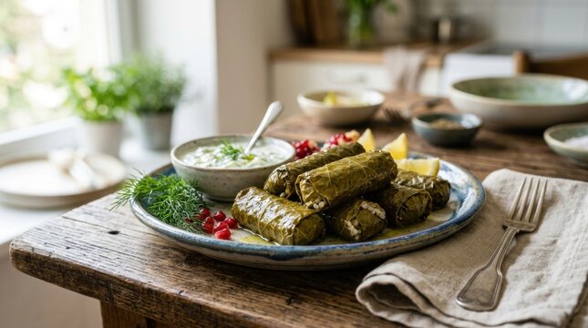 Plate of stuffed grape leaves dolma served with fresh yogurt dip lemon slices and pomegranate seeds on rustic wooden dining table.