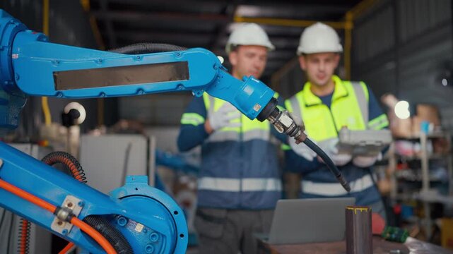 Blue robotic arm moves precisely in factory setting. Two workers in safety gear observe with focused attention. They stand near equipment