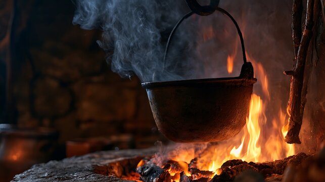 Cast iron cauldron hanging over a fire