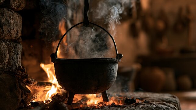 Cast iron cauldron hanging over open fire with smoke