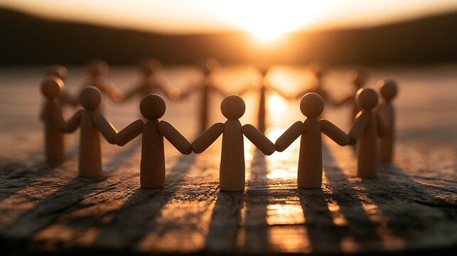 Wooden figures in circle holding hands