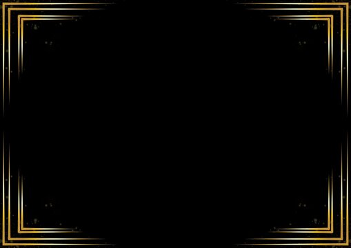 Elegant black and gold landscape poster background with layered geometric borders, subtle golden particles, and a spacious center for text.