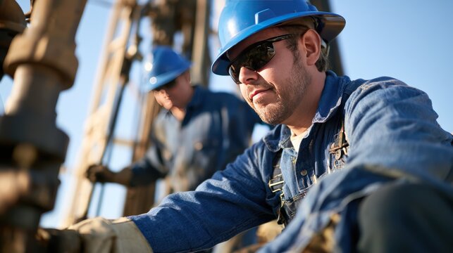 Two workers in blue hard hats and sunglasses, working on industrial equipment with metallic components and machinery parts, wearing gloves and work attire