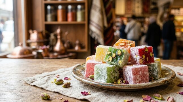 Turkish delight lokum colorful cubes with pistachio and rose petals on plate, rustic wooden table, shop background.