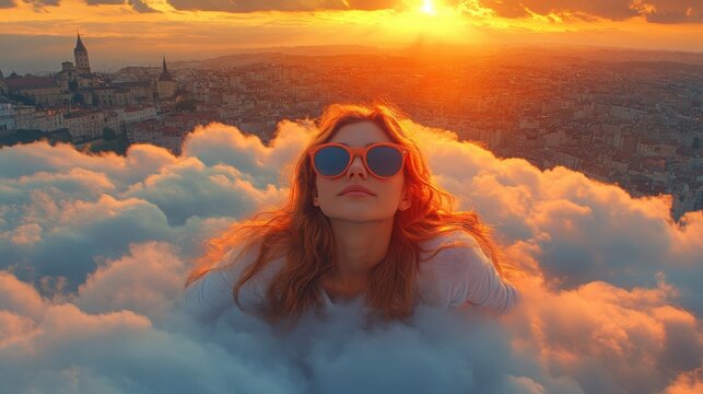 The young woman in sunglasses enjoys a serene moment on a fluffy cloud, taking in the breathtaking sunset view over the city skyline.