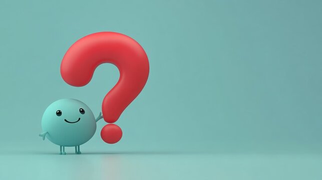A cheerful 3D cartoon character stands beside a large red question mark against a soft light blue background, embodying curiosity and problem-solving