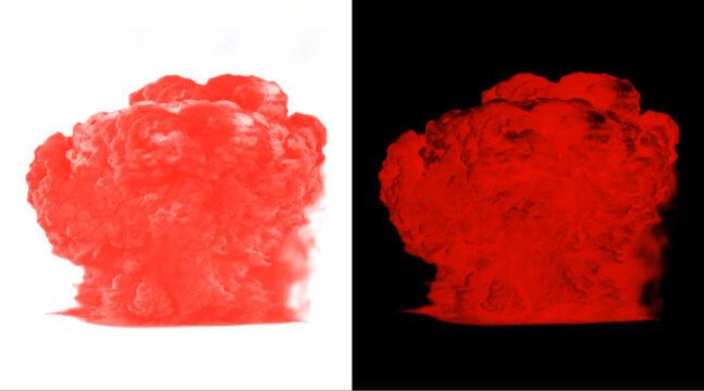 Red explosion smoke cloud on white and black background, fiery mushroom cloud illustration, vibrant red smoke blast effect for design