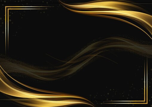 Luxurious landscape poster with a dark black background, flowing golden waves, elegant linear borders, subtle sparkles, and spacious copy space.