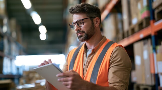 A man wearing a safety vest and glasses is looking at a tablet while standing in a warehouse. He is holding a pen in his hand and appears to be taking notes.